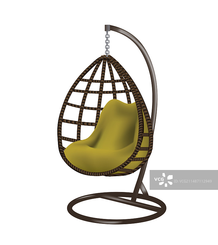 带绿色垫子的椭圆形柳条秋千椅图片素材