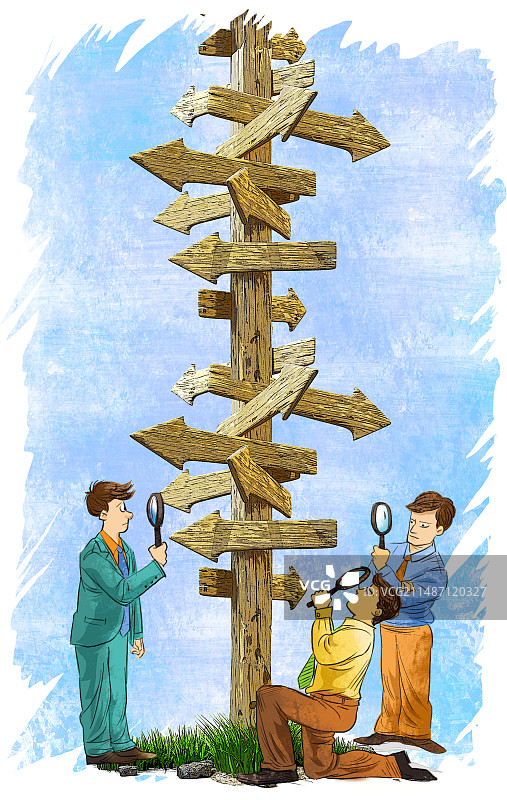 不同的人在用放大镜仔细观察方向牌，希望找到方向图片素材