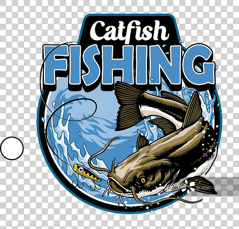 复古彩色T恤设计鲶鱼钓鱼图片素材