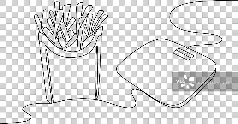 炸薯条与体重秤的节食概念单线图图片素材