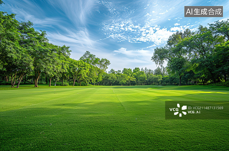 【AI数字艺术】蓝天白云下的高尔夫草地图片素材