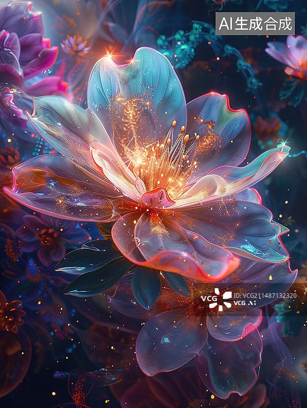 【AI数字艺术】水珠在开花植物上的特写镜头图片素材