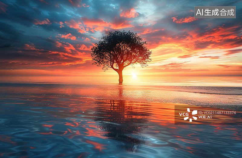【AI数字艺术】日落时海滩上的树在天空的映衬下剪影图片素材