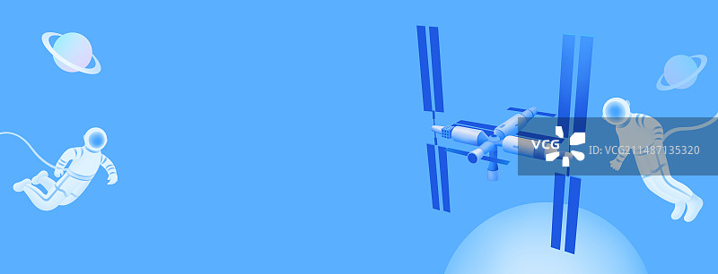 空间站与宇航员插画，空间站组合体与星球与太空，中国航天日世界航天日，航天成就庆典智能科技金融图片素材