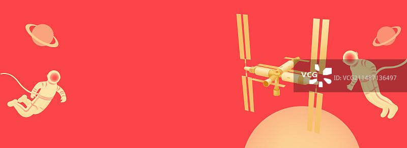 红金空间站与宇航员插画，空间站组合体与星球与太空，中国航天日世界航天日，航天成就庆典智能科技金融图片素材