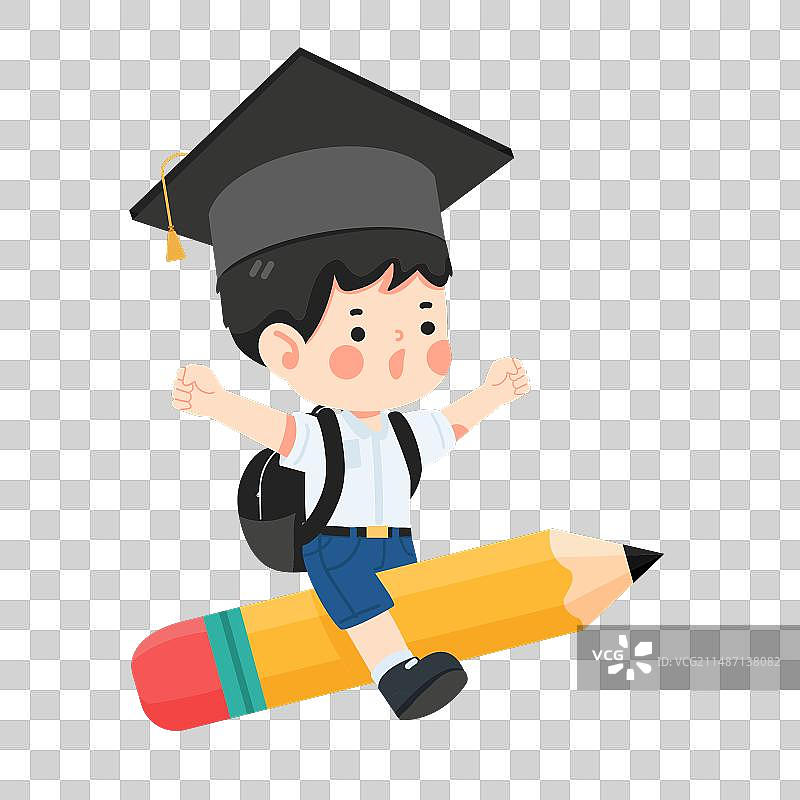 快乐的男孩学生骑着飞翔的铅笔图片素材