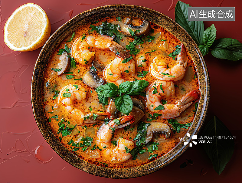 【AI数字艺术】就在桌子上碗里的汤的正上方图片素材