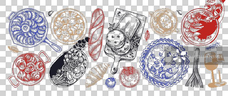 法国美食菜肴复古手绘合集图片素材