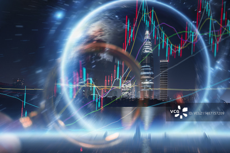 中国广东深圳都市风光与股市K线组合虚拟现实图片素材