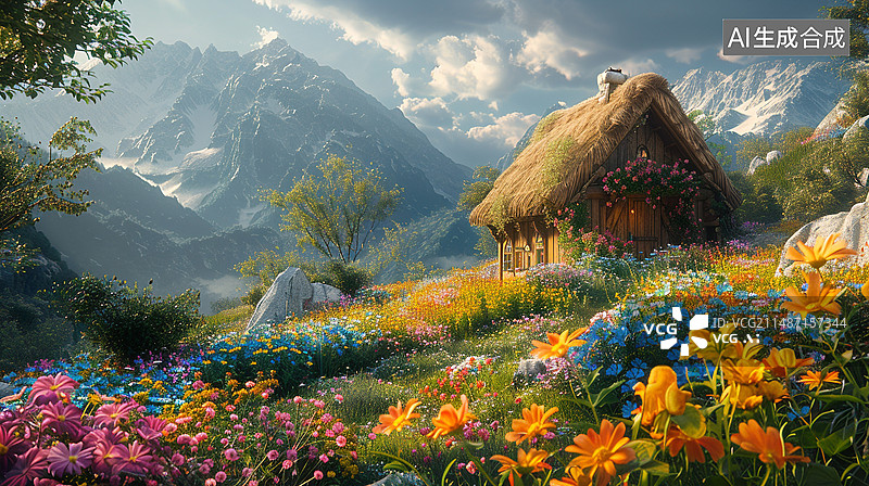 【AI数字艺术】春天遍地鲜花包围的小木屋图片素材