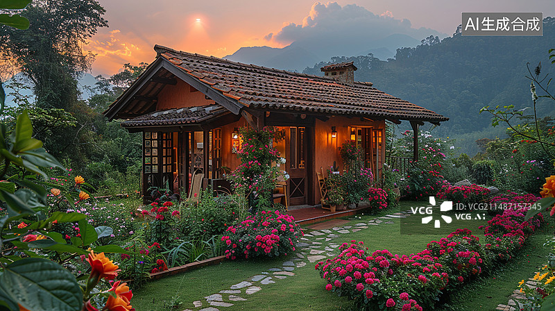 【AI数字艺术】春天遍地鲜花包围的小木屋图片素材