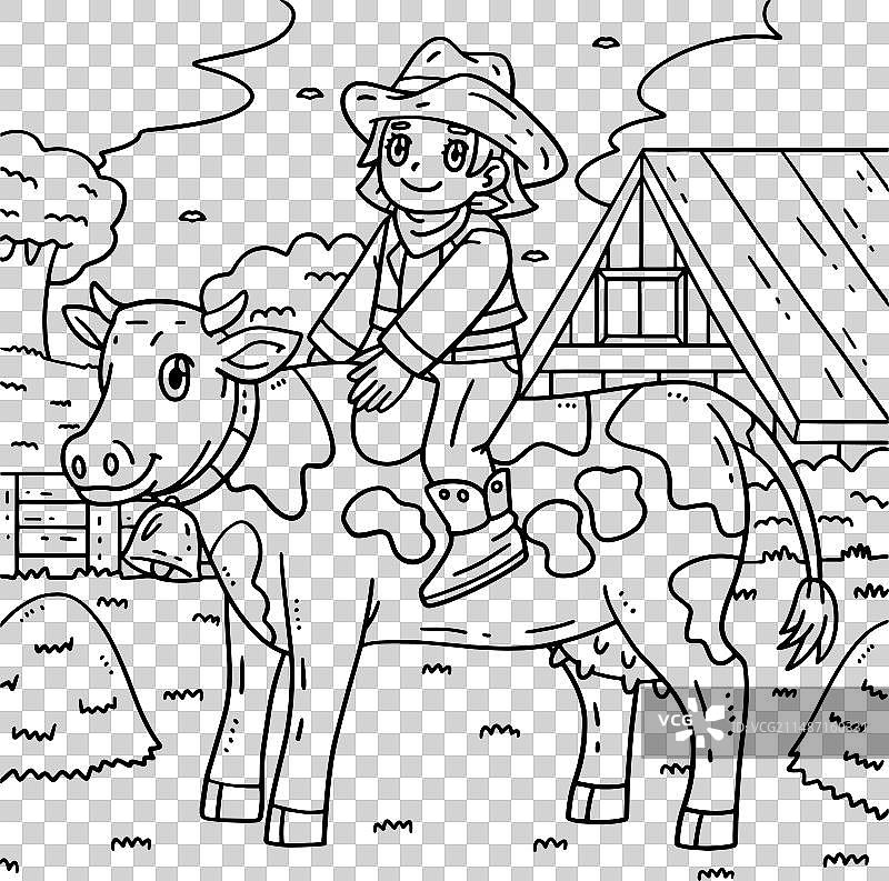 牛仔女郎和牛着色页（儿童）图片素材