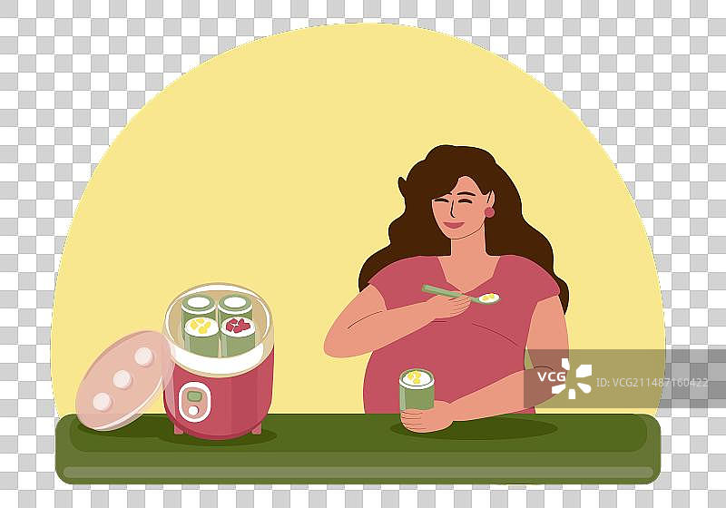 怀孕年轻女子吃自制水果酸奶图片素材