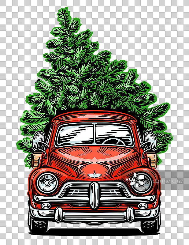 复古汽车载着圣诞树新年快乐图片素材