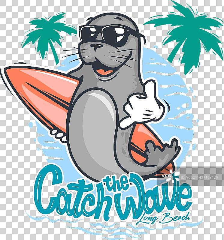 卡通海豹与冲浪板和太阳镜图片素材