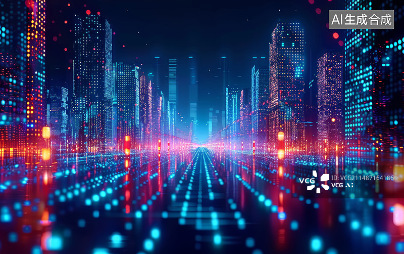 【AI数字艺术】红色蓝色发光虚拟城市科技背景图片素材