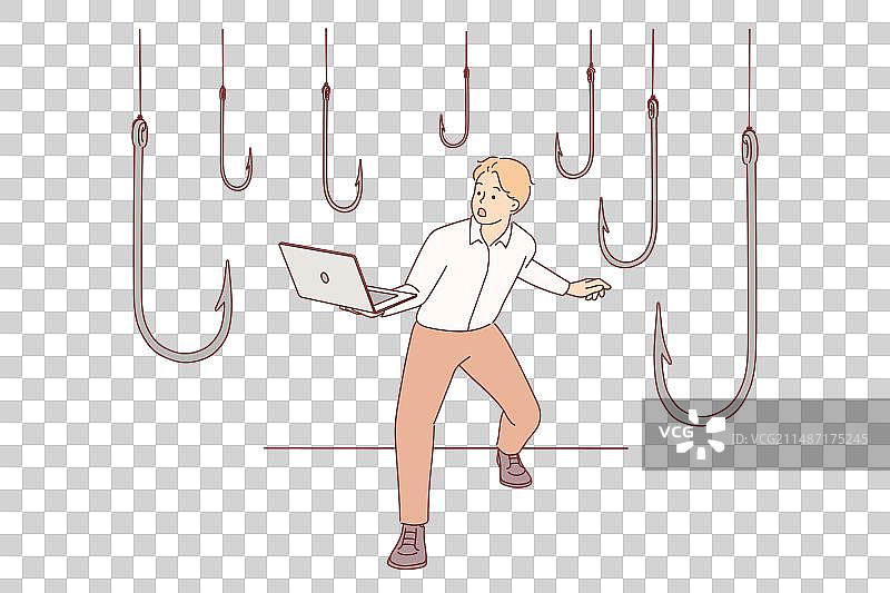 陷阱缠绕着使用笔记本电脑的男人图片素材