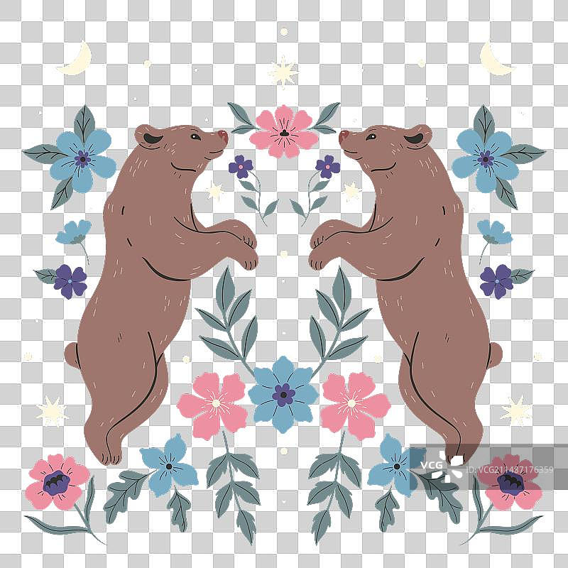 两只熊和花朵的对称构图图片素材