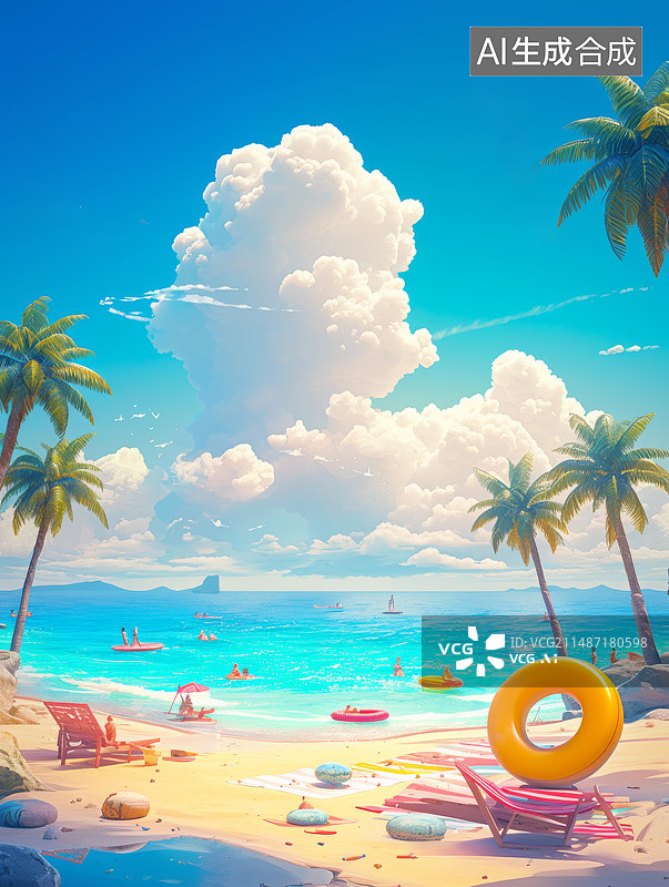 【AI数字艺术】夏季的海滩3d插画图片素材