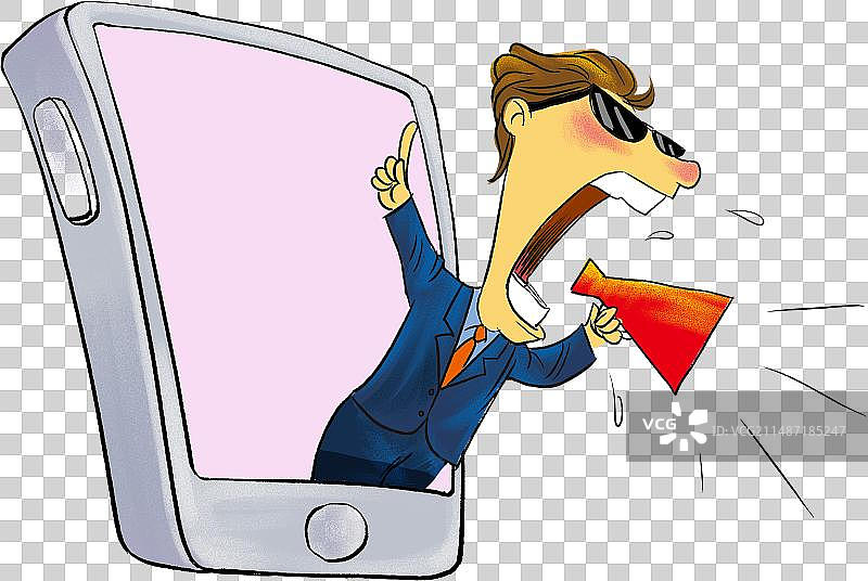 手机里的男人用大喇叭大声的推销产品图片素材