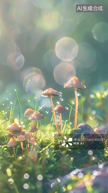 【AI数字艺术】草地上的蘑菇特写镜头图片素材