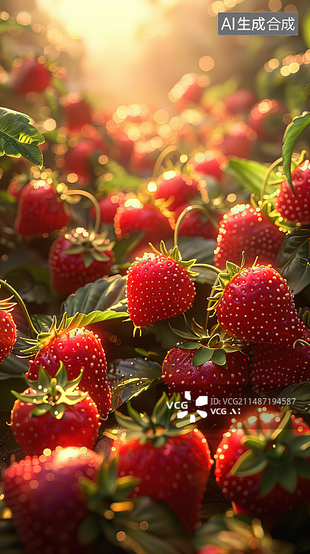 【AI数字艺术】草莓在植物上生长的特写镜头图片素材