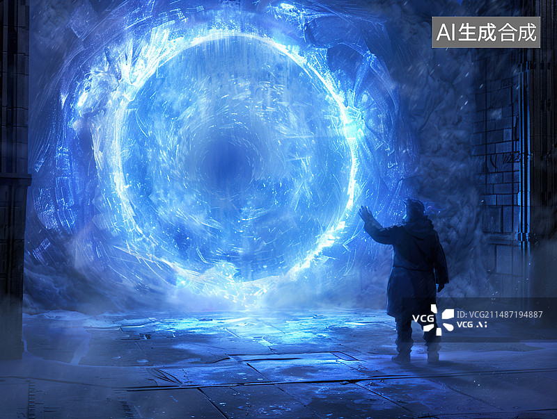 【AI数字艺术】男人伸出手触摸蓝色的传送门，科幻科技插画图片素材
