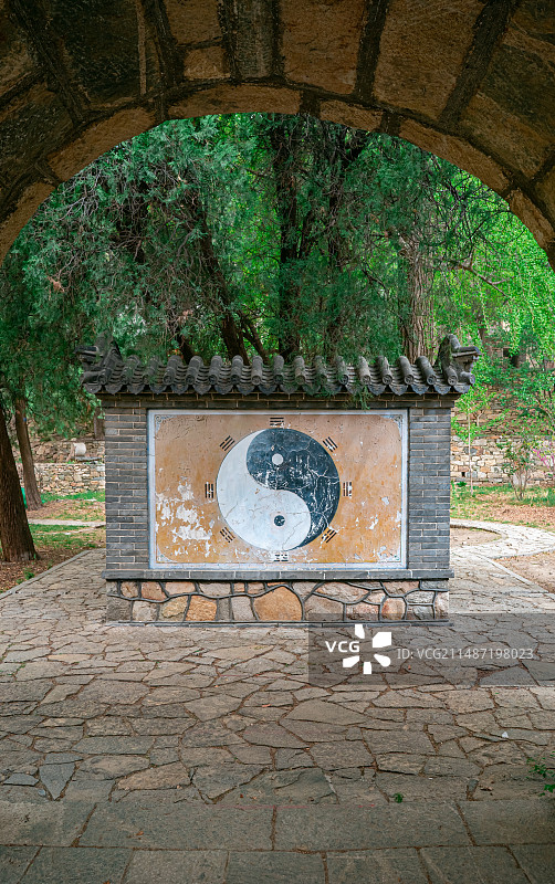 中国山东省泰安市泰山旅游风景区著名景点，三阳观道观的阴阳乾坤八卦图案照壁，户外白昼无人图像摄影图片素材
