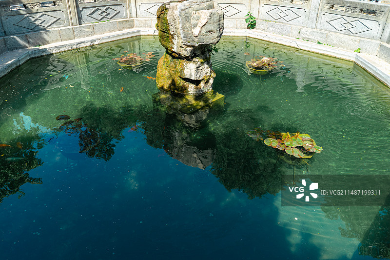 中国山东省泰安市泰山区泰山旅游景区著名景点，古代建筑行宫岱庙里的鱼池假山和锦鲤拍摄主题，户外无人图像图片素材