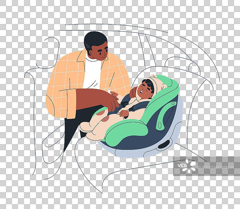 婴儿坐在安全汽车座椅上，父亲正在系安全带图片素材