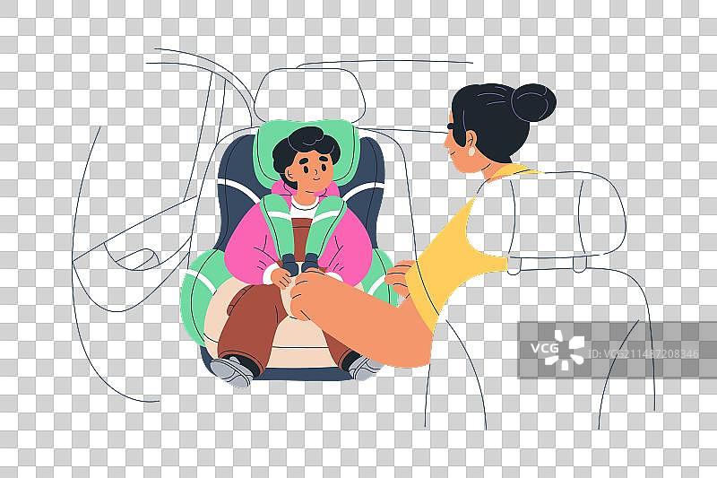 儿童汽车安全座椅，母亲为孩子系安全带图片素材