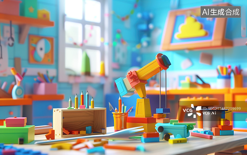 【AI数字艺术】桌子上的各种玩具，儿童节幼儿园插画图片素材