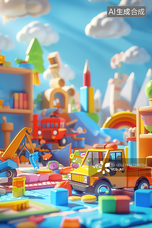 【AI数字艺术】房间里地上的各种玩具，儿童节幼儿园插画图片素材