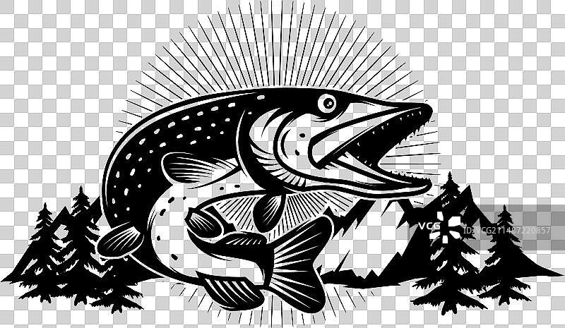 单色风格梭子鱼钓鱼标志图片素材