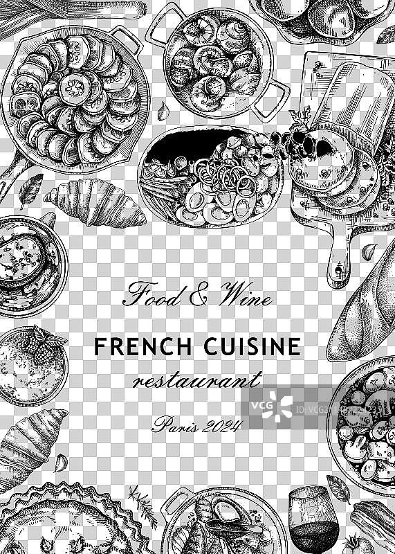 复古美食与葡萄酒法国美食边框设计图片素材