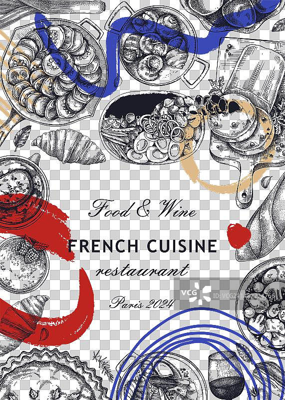 拼贴风格的法国美食复古框架设计图片素材