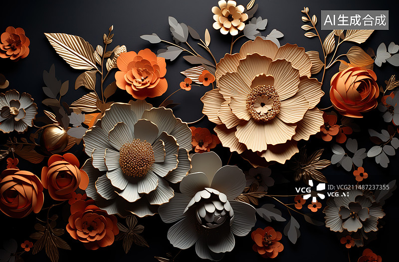 【AI数字艺术】正上方黑色背景下的花朵照片图片素材