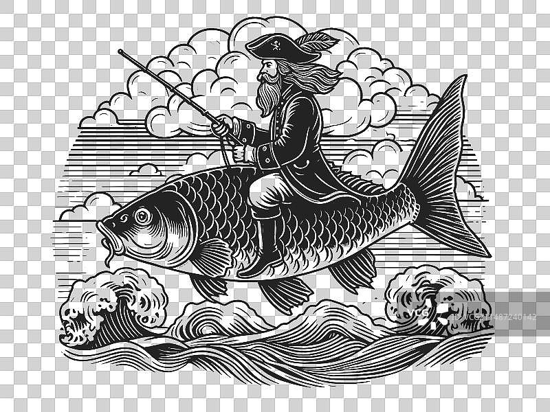 海盗船长骑鱼素描图片素材