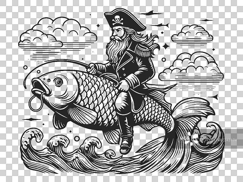 海盗船长骑鱼素描图片素材