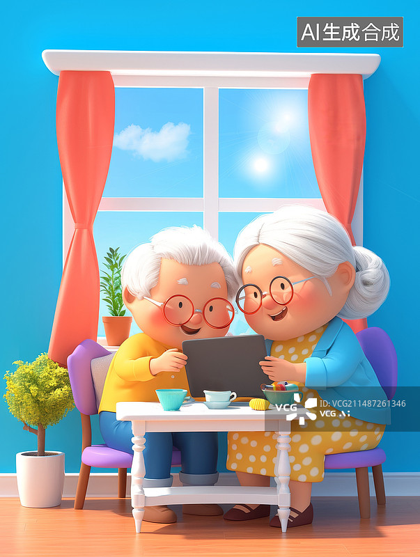 【AI数字艺术】快乐的老年夫妇在客厅使用笔记本电脑图片素材