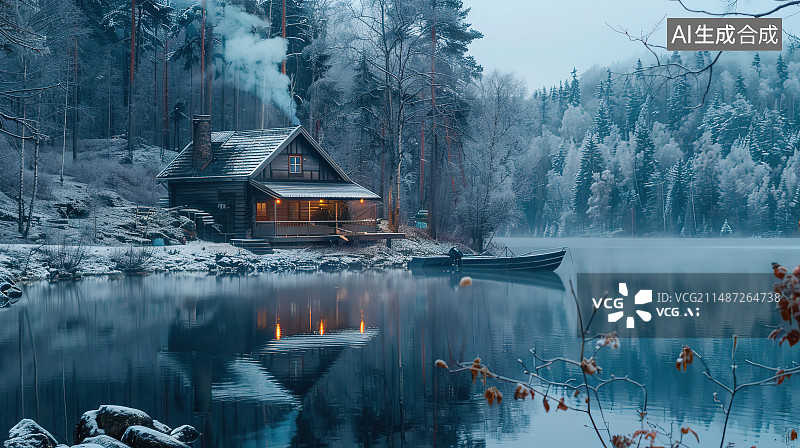【AI数字艺术】冬季湖边的小木屋图片素材