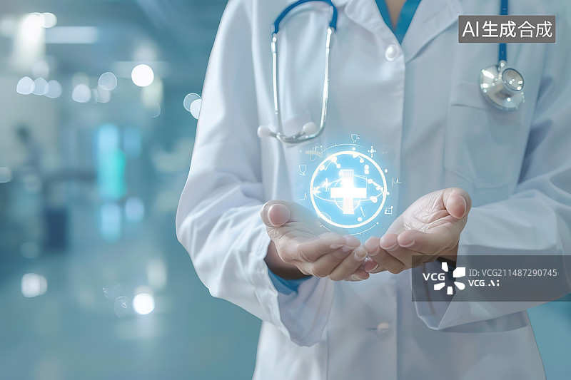 【AI数字艺术】医生手持医疗标识和健康保险理念的图形医疗图标图片素材