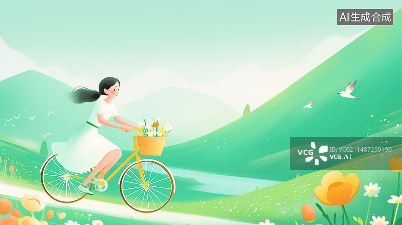 【AI数字艺术】绿色清新春天夏天骑行的女孩插画图片素材