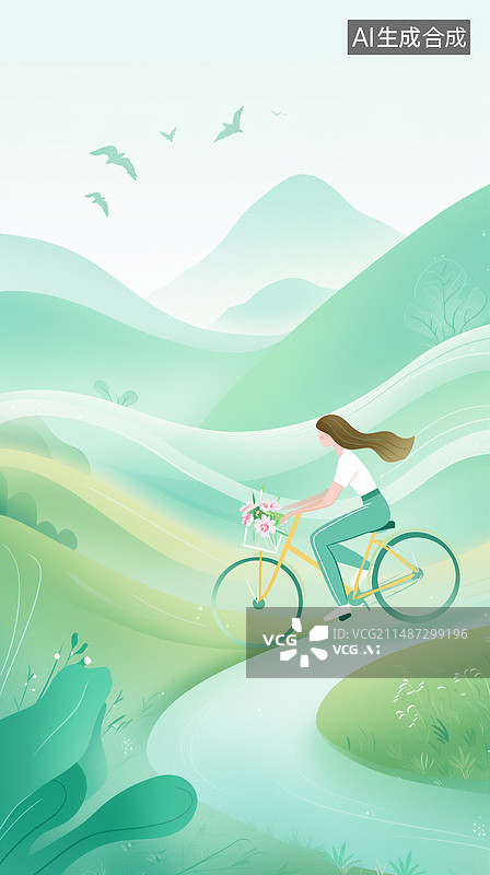 【AI数字艺术】绿色清新春天夏天骑行的女孩插画图片素材