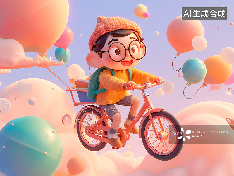 【AI数字艺术】在云层中骑自行车的小男孩，儿童节春日郊游梦幻插画图片素材