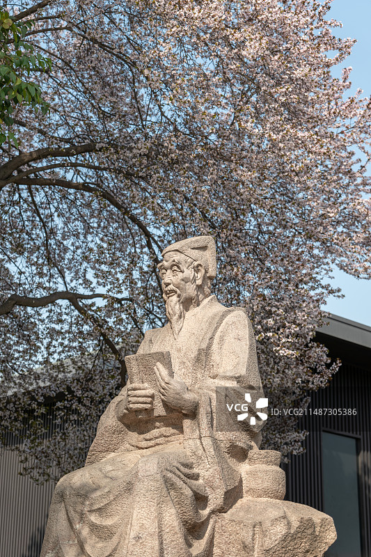 一亿像素超高清西安大雁塔北广场大唐药王孙思邈雕像与春天盛开的紫叶李图片素材