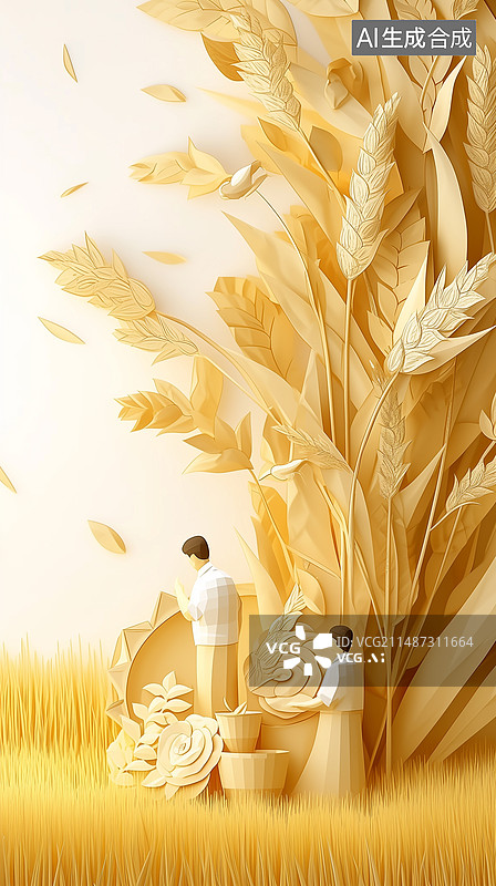 【AI数字艺术】剪纸纸艺风格金色麦田芒种主题背景图片素材