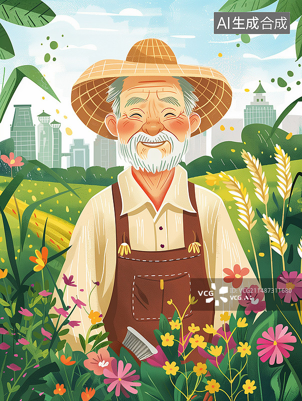 【AI数字艺术】田野里开心微笑的农民伯伯插画图片素材