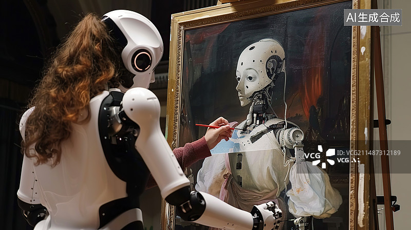 【AI数字艺术】和人类一起作画的机器人场景图片素材