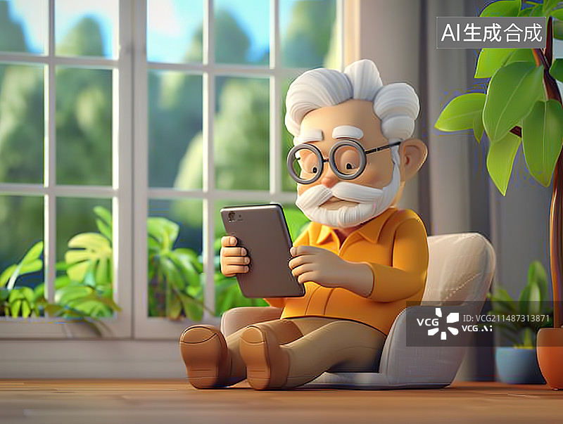 【AI数字艺术】夏日室内看平板电脑的老爷爷图片素材